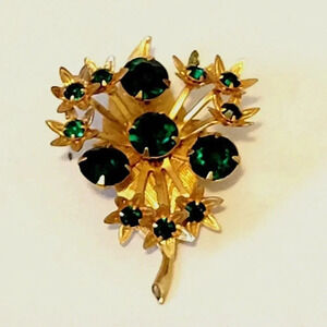 Heart Leaf Rhinestone Brooch Vintage MCM Green Gold Tone 2" x 1.5"